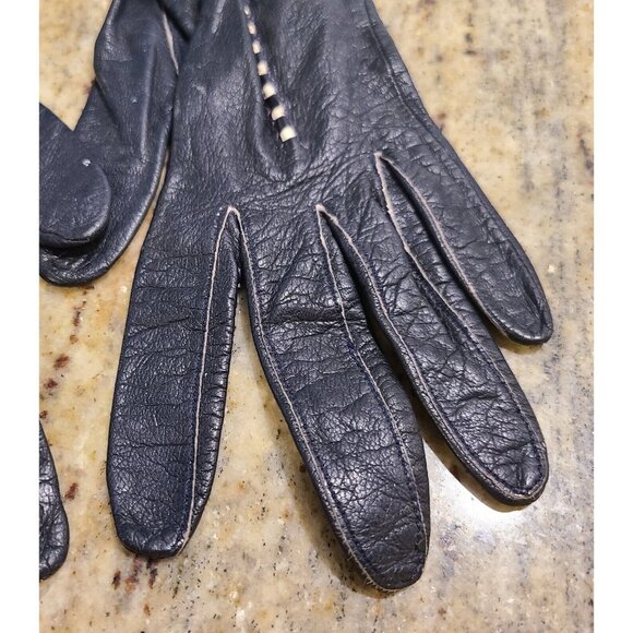 Vintage Size S 6 Black Leather Formal 10" Gloves Stitching Detail Geometric - Picture 3 of 16